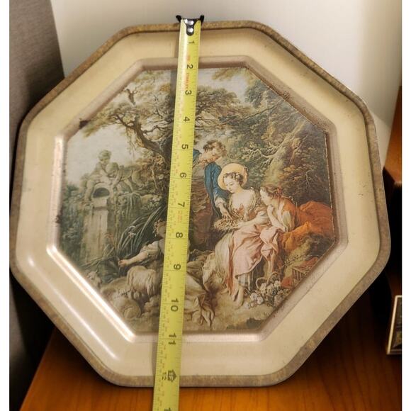 Victorian Octagonal Sunshine Biscuit Tin 2 Sided Francoise Boucher Paintings - Picture 9 of 10